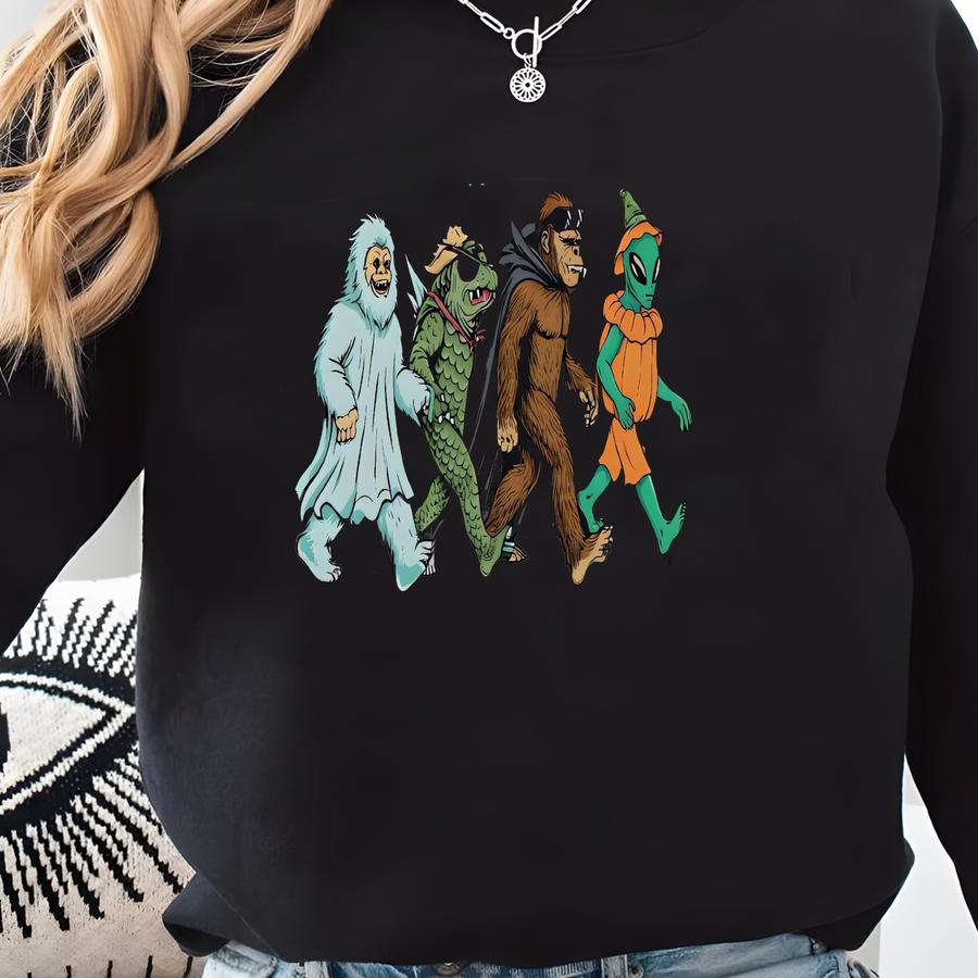 The Horror Crypts Funny Alien, Bigfoot, Yeti And Lizard Shirt, Funny Bigfoot Meme Halloween Shirt, Comfort Colours Cryptid Halloween T Shirt Sweatshirt