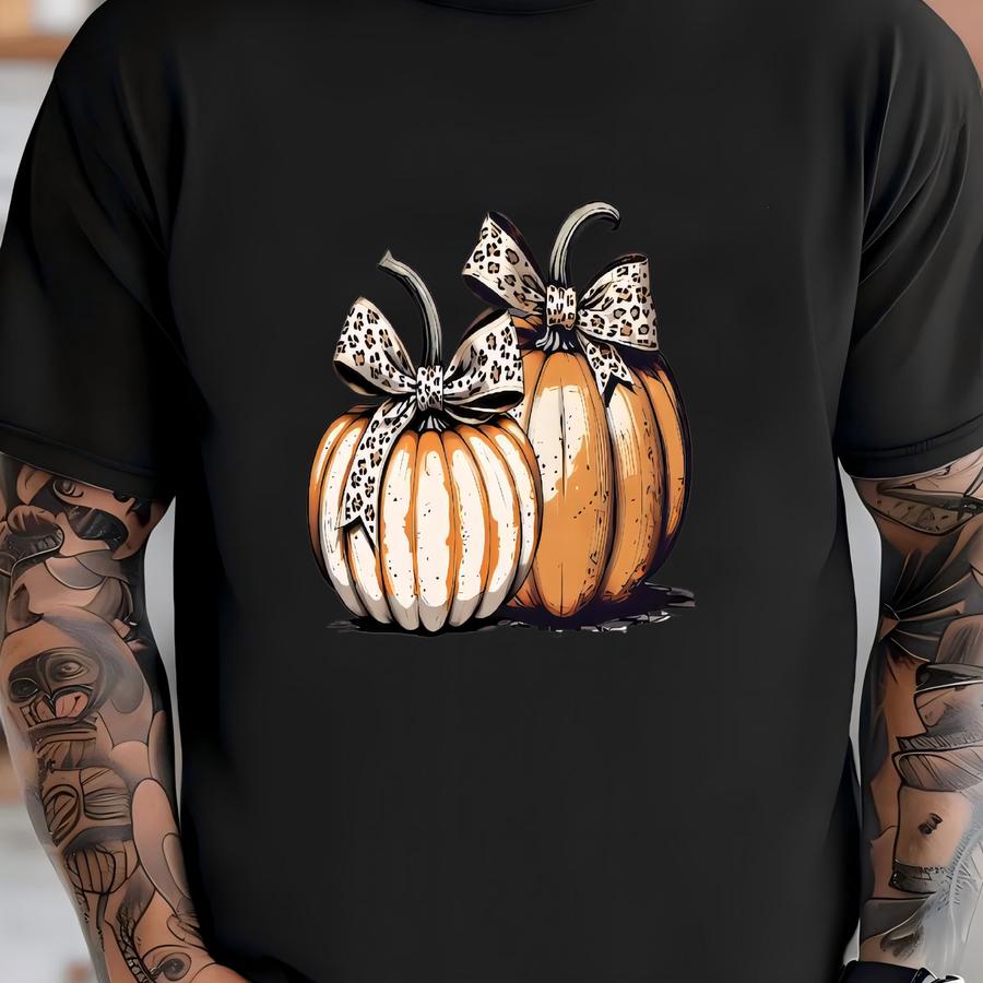 Vintage Fall Pumpkin Shirt: Preppy Leopard Bow Design T-shirt