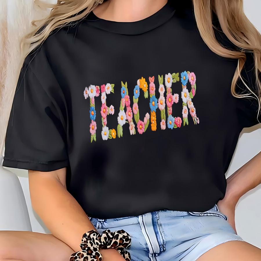Custom Floral Teacher Sweatshirt, Floral Letter Teacher Shirt With Name, Back To School Gift, Teacher Appreciation Shirt T-shirt