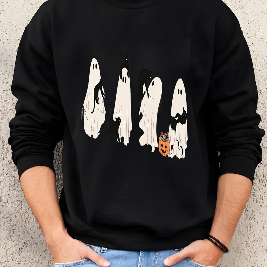 Halloween Black Cat Ghost Shirt, Halloween Ghost Tshirt, Spooky Season Cat Tee, Halloween Cute Women Outfit, Halloween Gift Sweatshirt