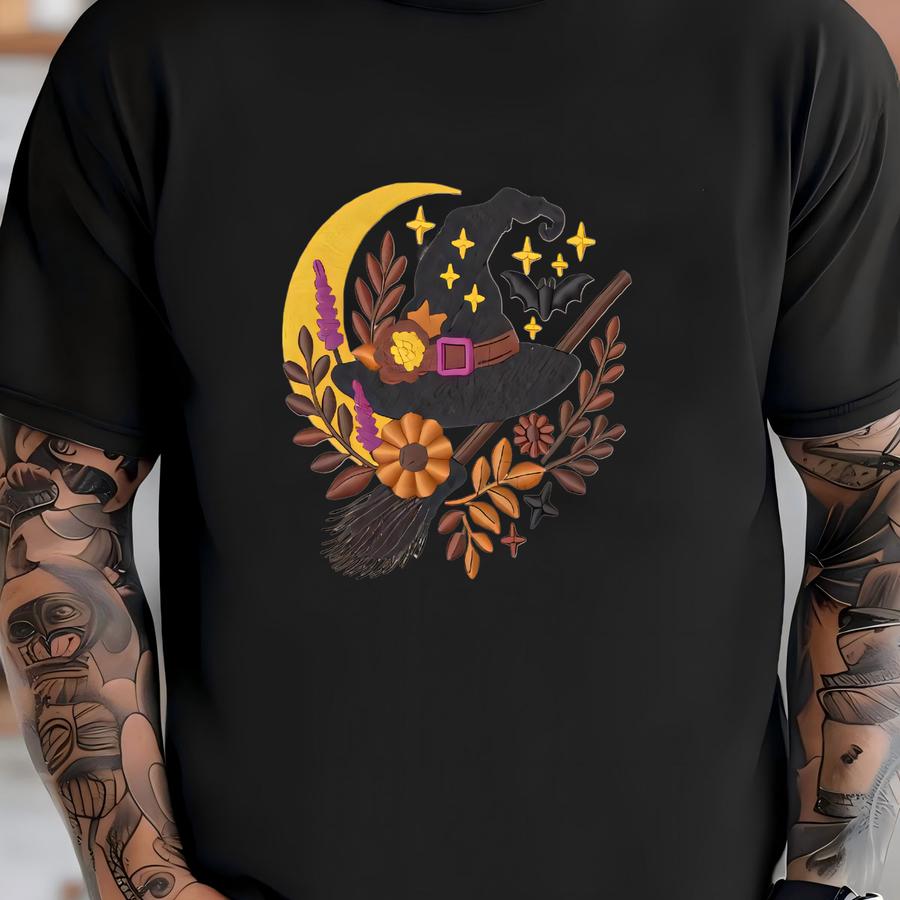 Autumn Witch Hat Sweatshirt, Boho Halloween Crewneck, Floral Crescent Moon Pullover, Cozy Fall Witchy Sweatshirt, Spooky Season T-shirt