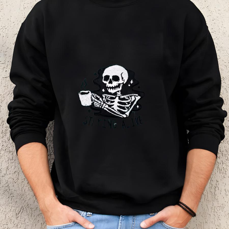 Coffee Skeleton Shirt, Funny Staying Alive Pocket Tee, Retro Skull Halloween Shirt, Spooky Season Tee, Coffee Lovers Gift Sweatshirt