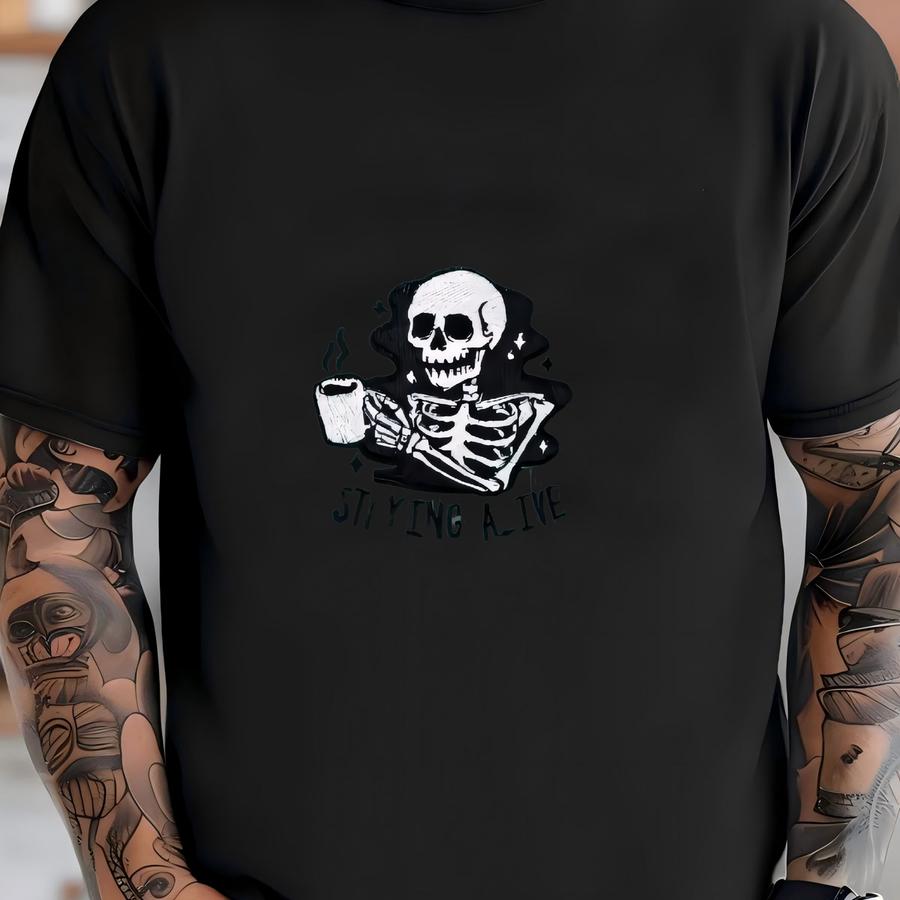 Coffee Skeleton Shirt, Funny Staying Alive Pocket Tee, Retro Skull Halloween Shirt, Spooky Season Tee, Coffee Lovers Gift T-shirt