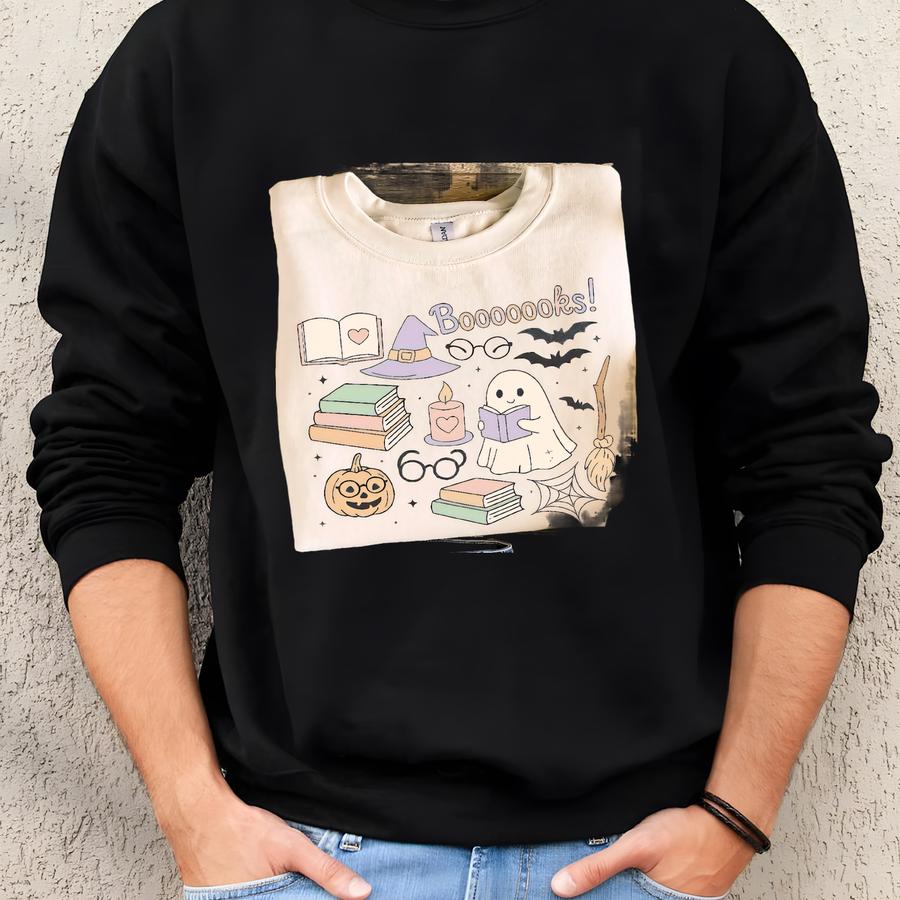 Books Sweatshirt, Spooky Bookworm Halloween Shirt, Ghost Reading Sweater, Fall Bookish Crewneck, Cozy Witchy Gift For Readers Sweatshirt