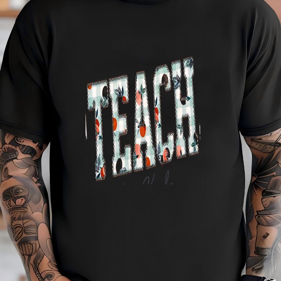 Teach Shirt, Gingham Peaches Orange Applique Tee, Back To School Teacher Shirt, , Cute Fruit Teacher Tee T-shirt
