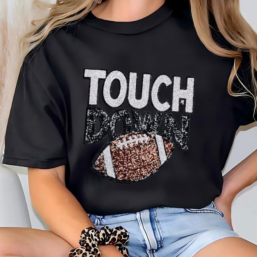 Touchdown Sequins Football Patch Crewneck Sweatshirt - Chenille Patch Sweatshirt - Football Sweatshirt - School Spirit - Highschool Football T-shirt