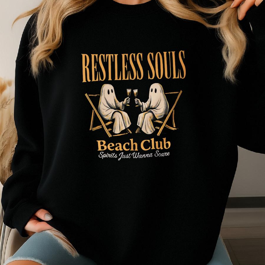 Restless Souls Beach Club Shirt, Funny Ghost Halloween Tee, Spirits Just Wanna Scare, Unisex Softstyle, Halloween Shirt, Spooky Beach Vibe Sweatshirt