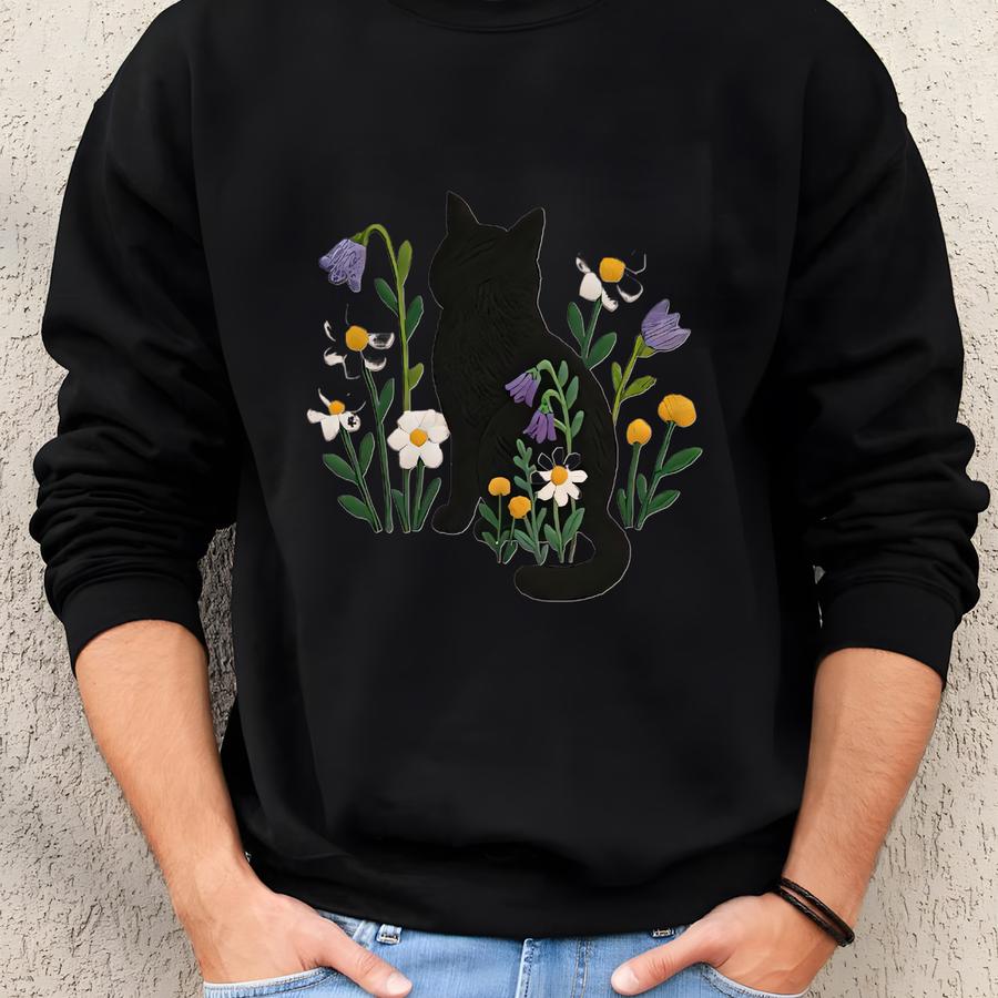 Black Cat Hoodie: Cottagecore Floral Sweatshirt Sweatshirt