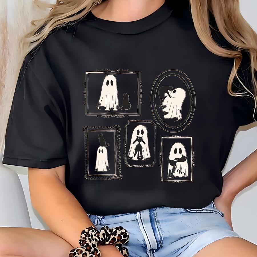 Toddler Halloween Shirt Ghost And Black Cat Tee Spooky Season T Shirt For Kids Cute Trick Or Treat Fall Outfit Vintage Frame Toddler Gift T-shirt