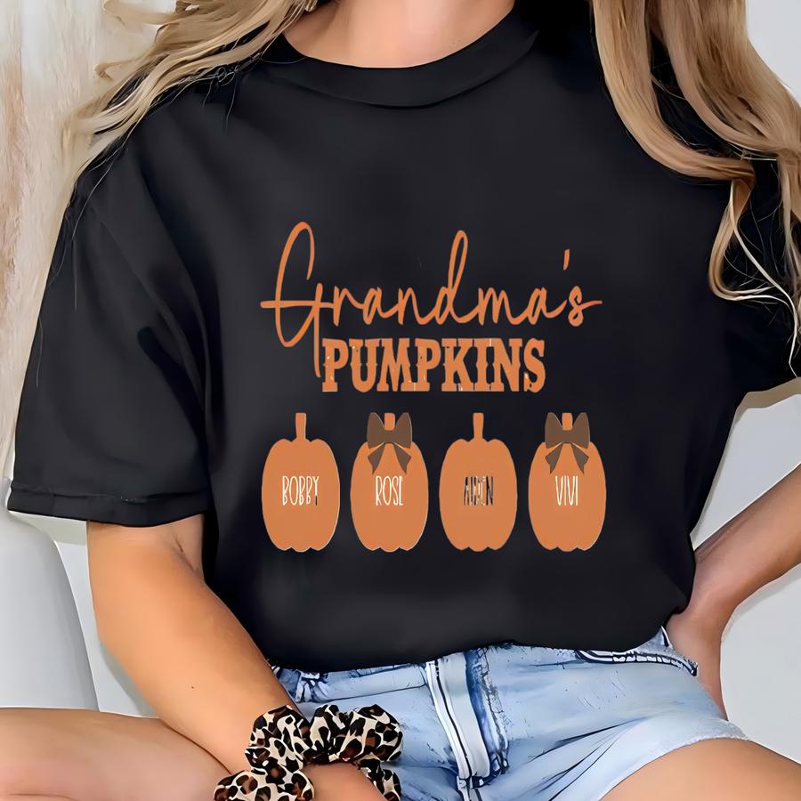 Grandma's Pumpkins Fall Shirt Mama Fall Sweatshirt Custom Grandkids' Names Pumpkin Patch Tshirt Gift For Gigi Personalized Granny T Shirt T-shirt