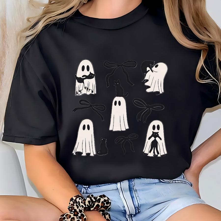Toddler Halloween Shirt Ghost And Black Cat Tee With Bows Cute Fall T Shirt For Kids Spooky Season Trick Or Treat Toddler Gift Idea T-shirt