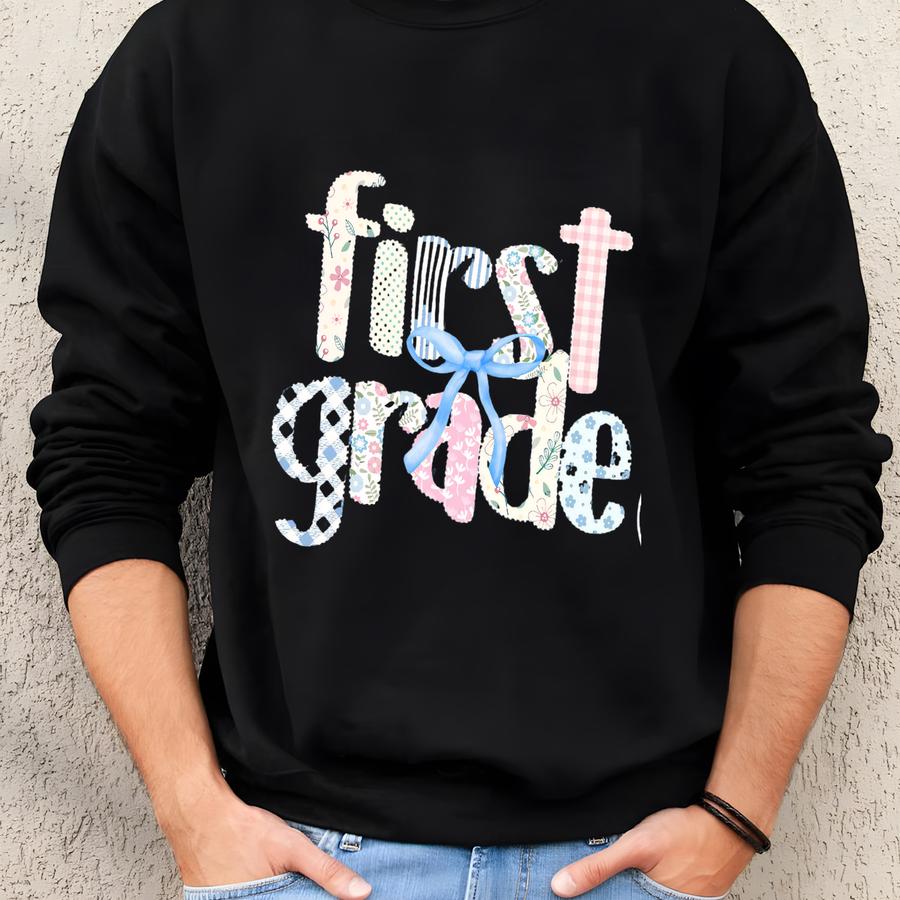 ® First Grade Teacher Shirt, Back To School 1st Grade Tee, Teacher Appreciation Gift, Cute Elementary School, Coquette Bow Sweatshirt