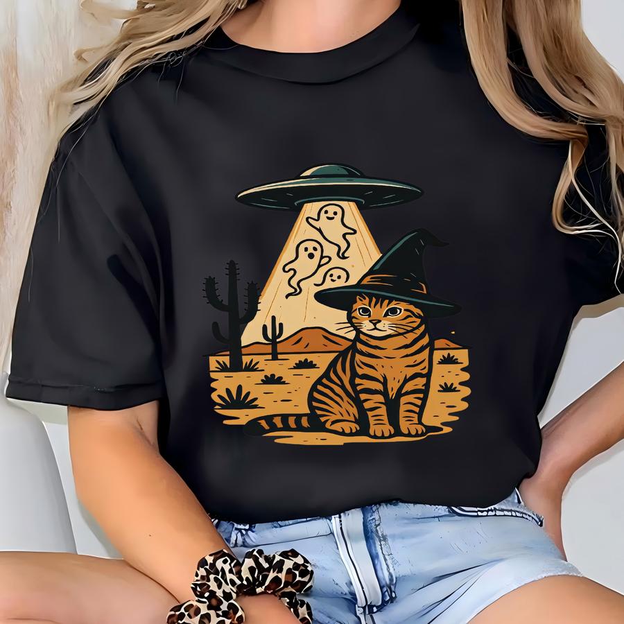 Halloween Cat Shirt Ufo Cowboy Tee Witch Cat Ghost Western Desert Alien Shirt Funny Fall Spooky Season Shirt For Cat Lovers T-shirt