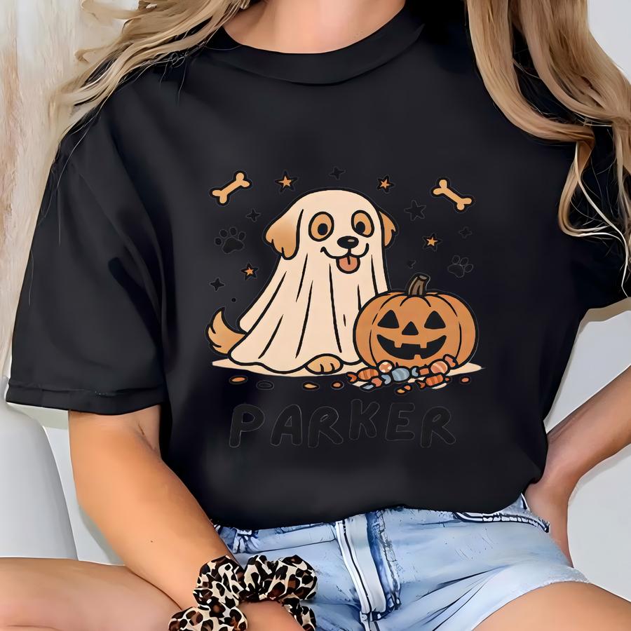 Personalized Toddler Halloween Shirt Custom Dog Ghost Shirt For Kids Cute Spooky Season Tee With Name Jack O Lantern Trick Or Treat Gift T-shirt
