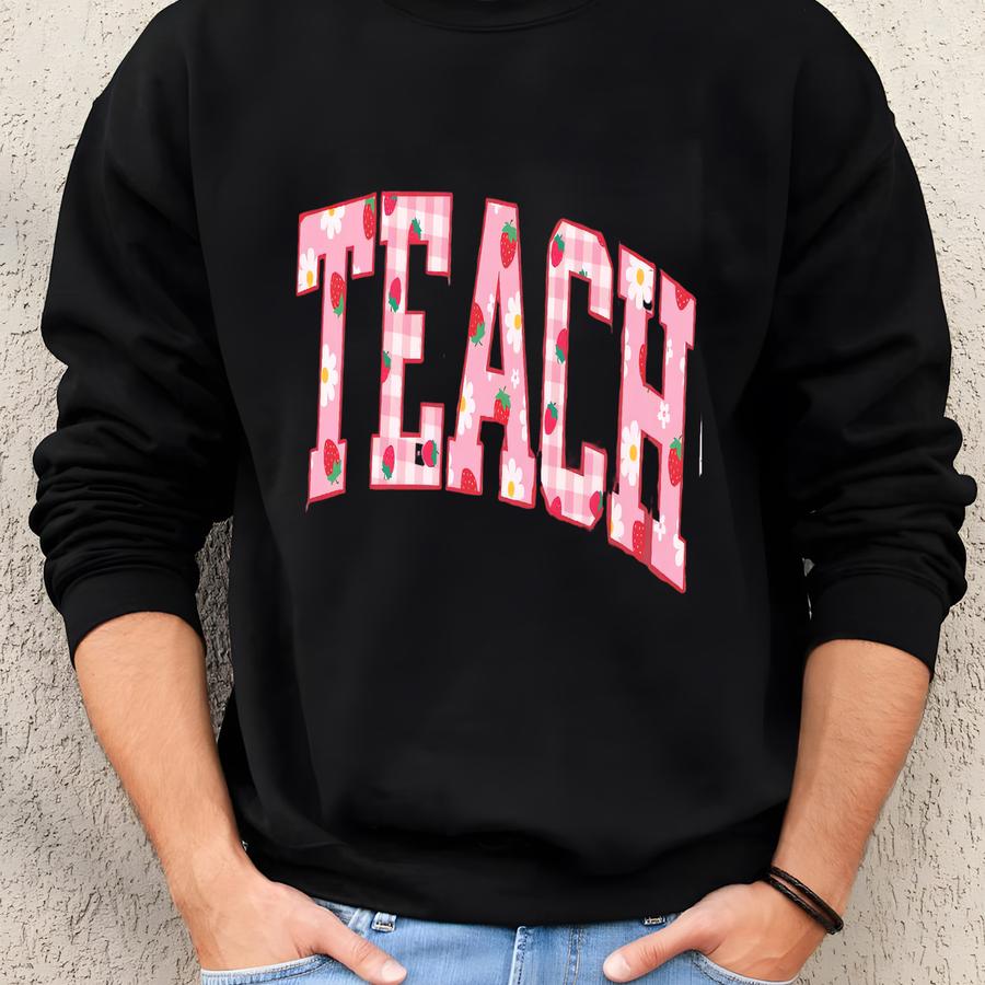 Strawberry Teacher Shirt, Teach Tee, Summer Teacher Shirt, Back To School Shirt, Cute Teacher Gift, Red Gingham Teacher Tee Sweatshirt