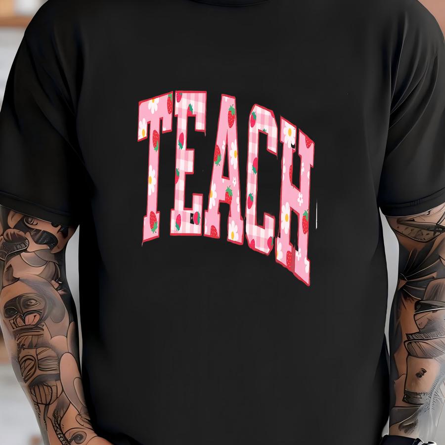 Strawberry Teacher Shirt, Teach Tee, Summer Teacher Shirt, Back To School Shirt, Cute Teacher Gift, Red Gingham Teacher Tee T-shirt