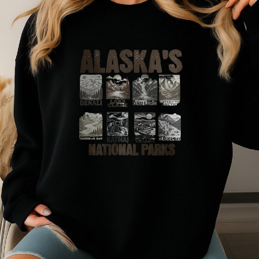Vintage Inspired Alaska National Parks Shirt Sweatshirt Hoodie, Outdoor Hiking Tee, Denali Katmai Glacier Bay Nature Top Gift Sweatshirt