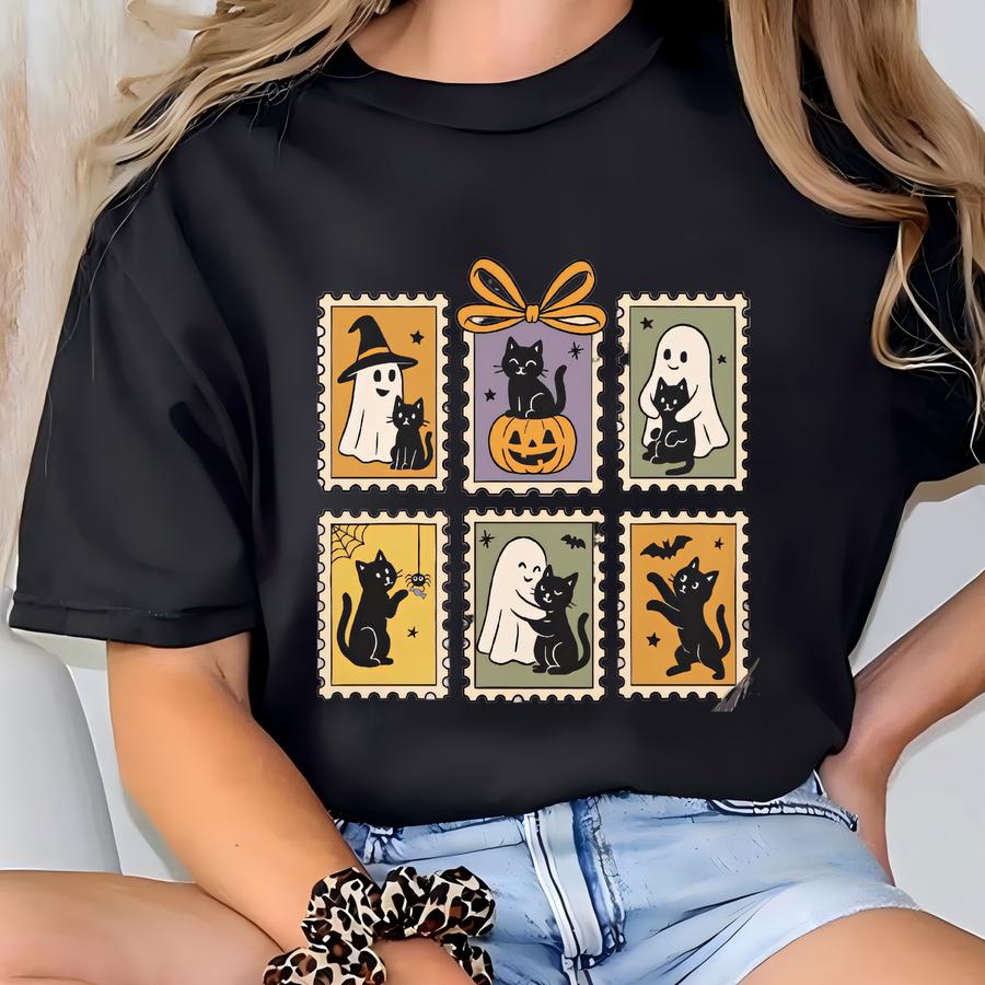 Halloween Shirt Black Cat Ghost Tee Cute Fall Stamp Tshirt Retro Cat Mom Gift Spooky Season Aesthetic Cat Lover Top T-shirt