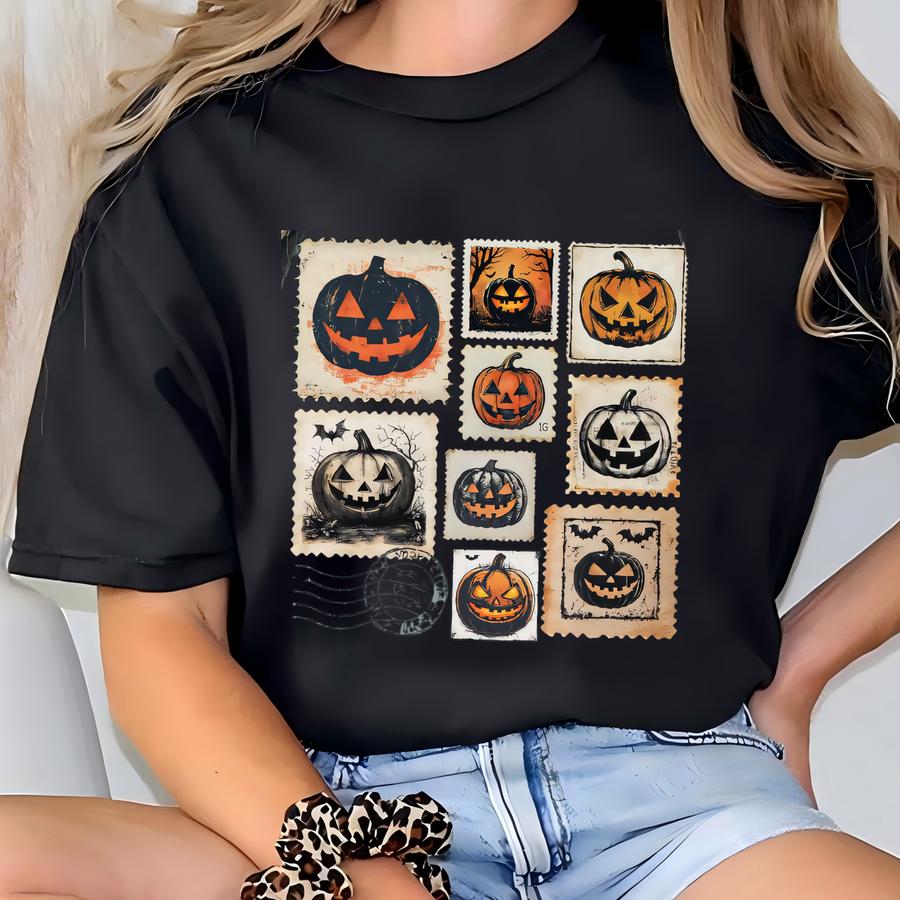 Vintage Halloween Pumpkin Shirt Jack O Lantern Stamp Tee Retro Halloween Tshirt Spooky Season Shirt Fall Gift T-shirt