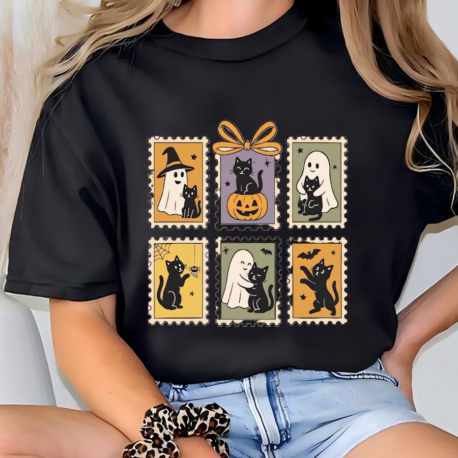 Halloween Shirt Toddler Black Cat Ghost Stamp Tee Cute Spooky Season Fall Tshirt Retro Cat Lover Kid Shirt Halloween Outfit Toddler T-shirt