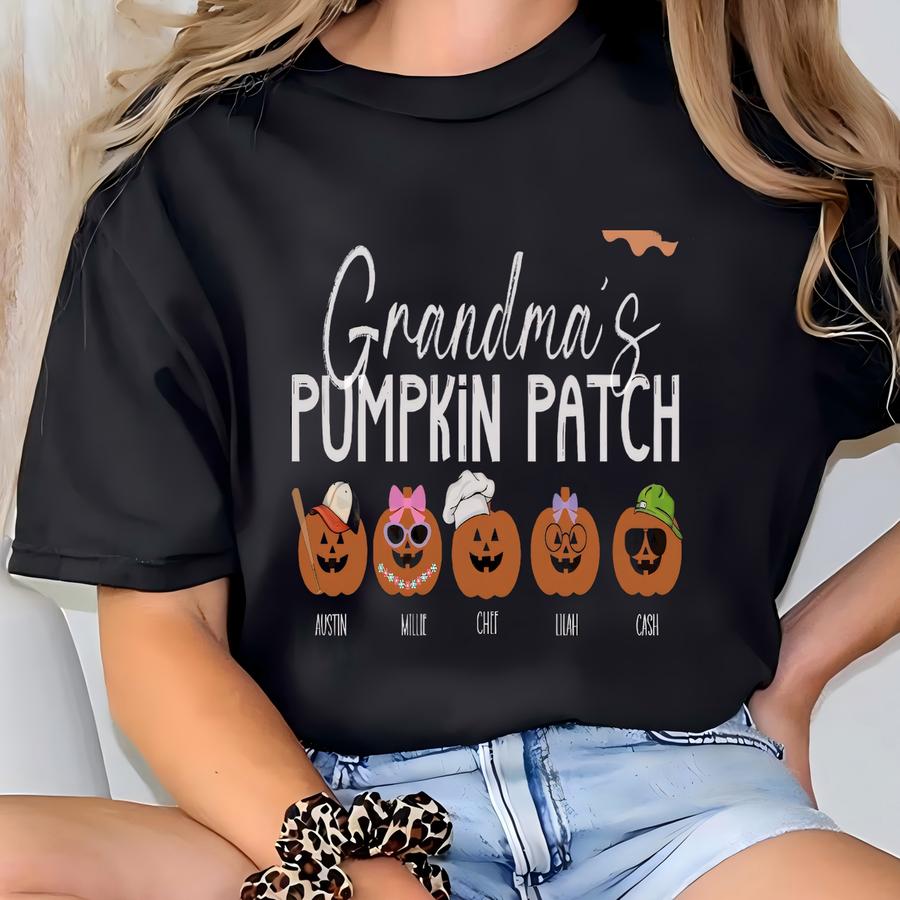 Grandma's Pumpkin Patch Fall Shirt Mama Fall Sweatshirt Custom Grandkids' Names Pumpkintshirt Gift For Gigi Personalized Autumn Gift For Mom T-shirt