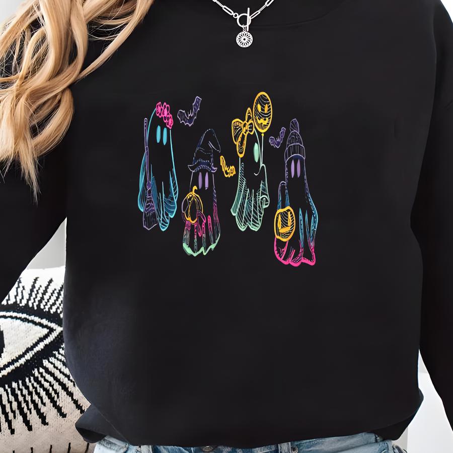 Neon Ghost Sweatshirt, Little Ghost Wine Shirt, Halloween Ghost Sweatshirt, Halloween Shirt, Ghost Tee Sweatshirt
