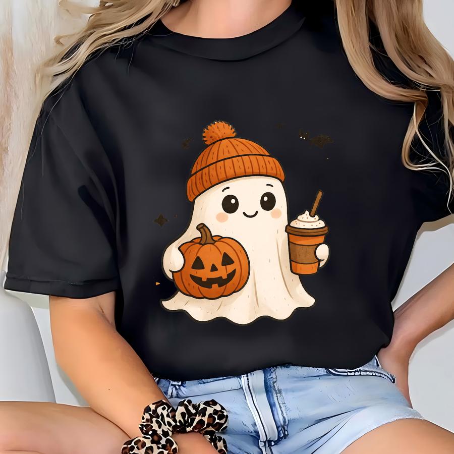 Spooky Ghost Coffee Pumpkin Sweatshirt, Fall Gildan Halloween Sweater, Cozy Spooky Season Crewneck,ghost Lover Fall Shirt For Her,girly Fall T-shirt
