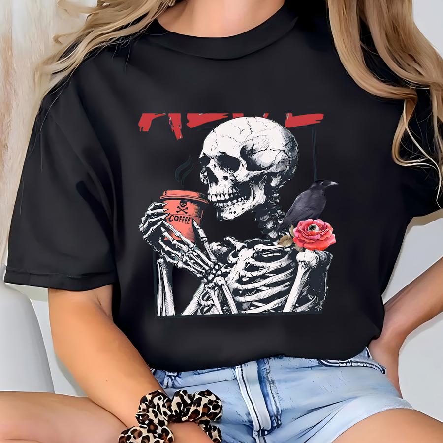 Staying Alive Skeleton Coffee Halloween Shirt: Funny Halloween Tee S-3xl T-shirt