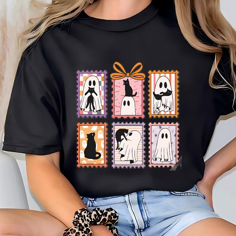 Ghost Cat Halloween Shirt Vintage Stamp Tee Spooky Cute Ghosts And Cats Fall Aesthetic Tshirt Gift For Her Witchy Halloween T-shirt