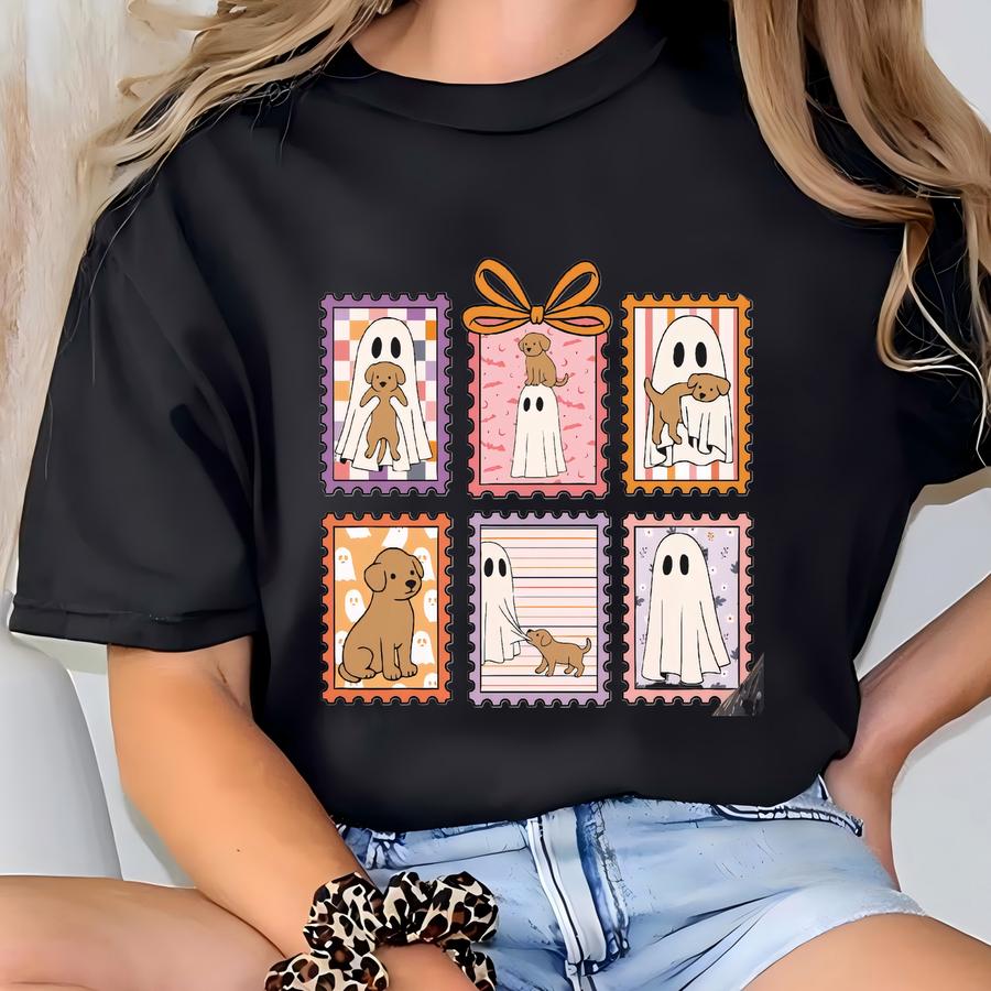 Halloween Dog And Ghost Stamp Shirt Spooky Season Fall Aesthetic Tshirt Cute Gift For Dog Lovers Funny Halloween Top Tee T-shirt