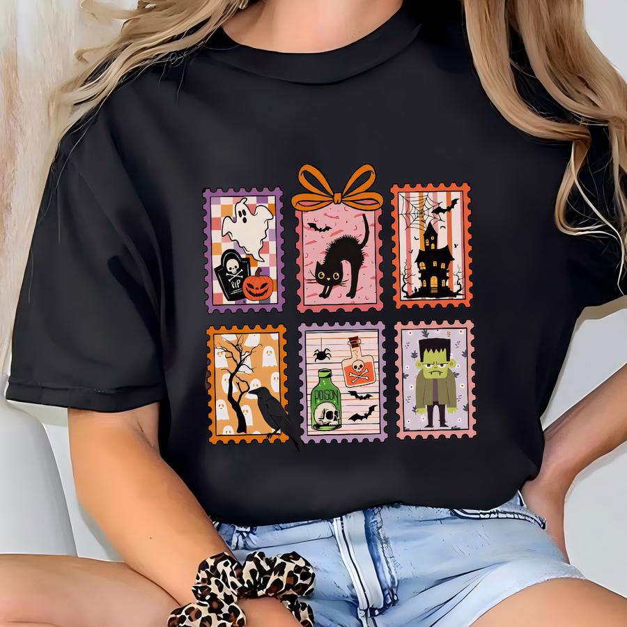 Halloween Stamp Shirt Haunted House Ghost Cat Potion Shirt Spooky Season Tshirt Cute Fall Gift For Horror Lovers Retro Top T-shirt