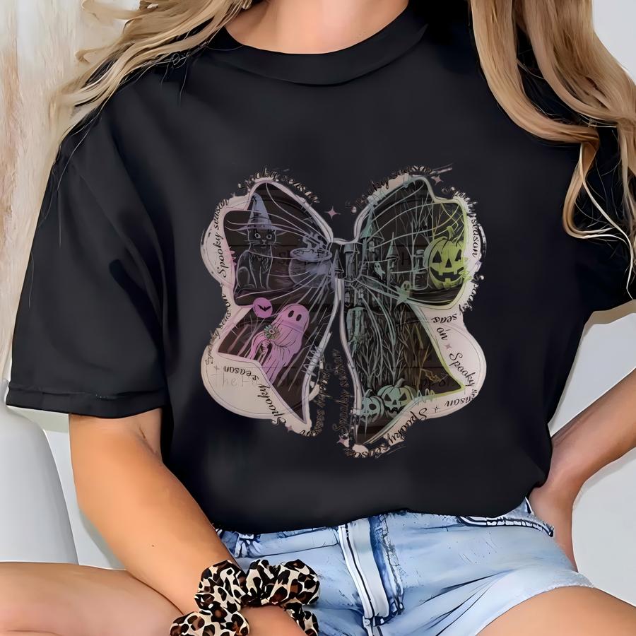 Neon Halloween-themed Coquette Bow Coffee Mug, Spooky Season Decor, Witchy Gifts, Perfect For Fall, Unique Gift For Halloween Lovers T-shirt