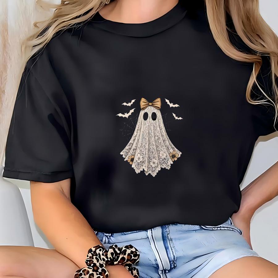 Lace Ghostly Charm Unisex Crewneck Sweatshirt | Halloween Fashion, Cozy Gift, Fall Apparel, Casual Wear, Ghost Design T-shirt