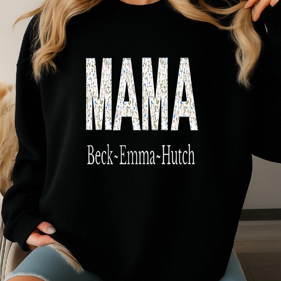 Mama With Kids Names Personalized Blue Green Floral Tee Garment-dyed T-shirt Sweatshirt