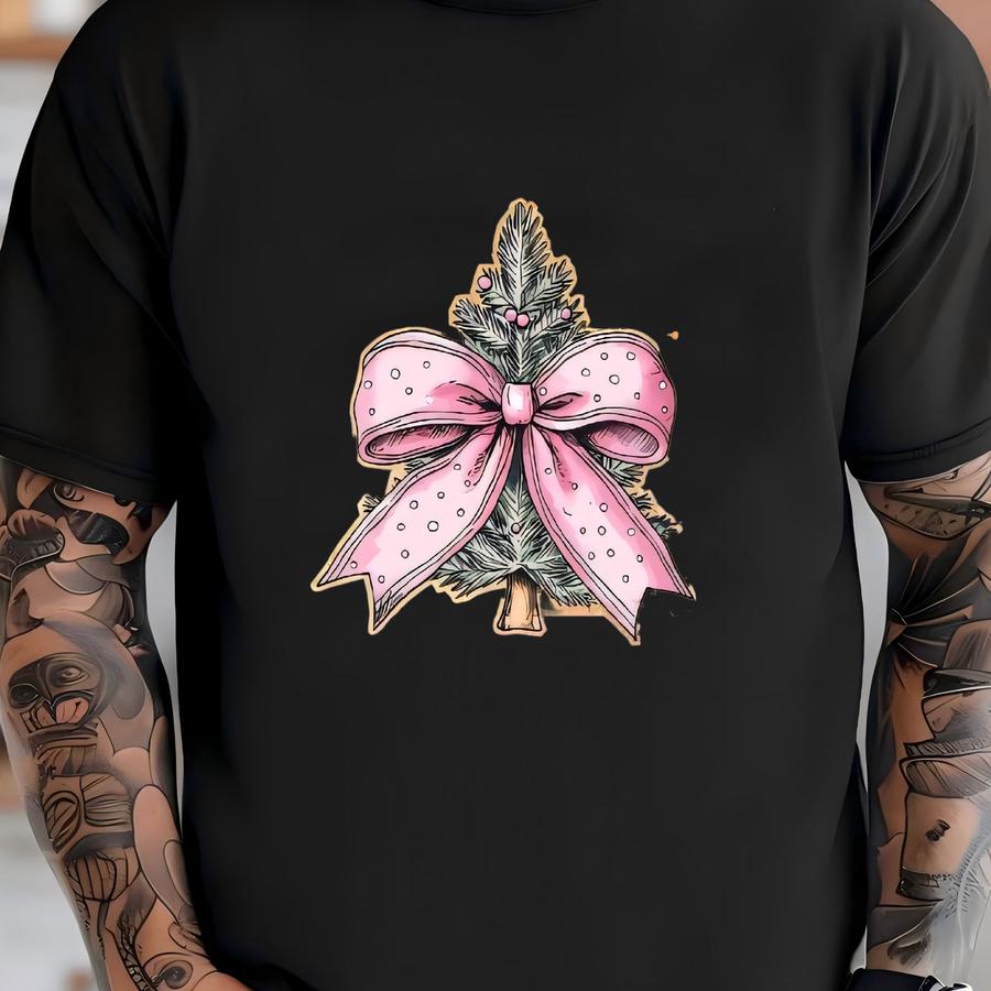 Personalized Christmas Tree Dtf Transfer: Pink Bow Holiday Shirt Print T-shirt