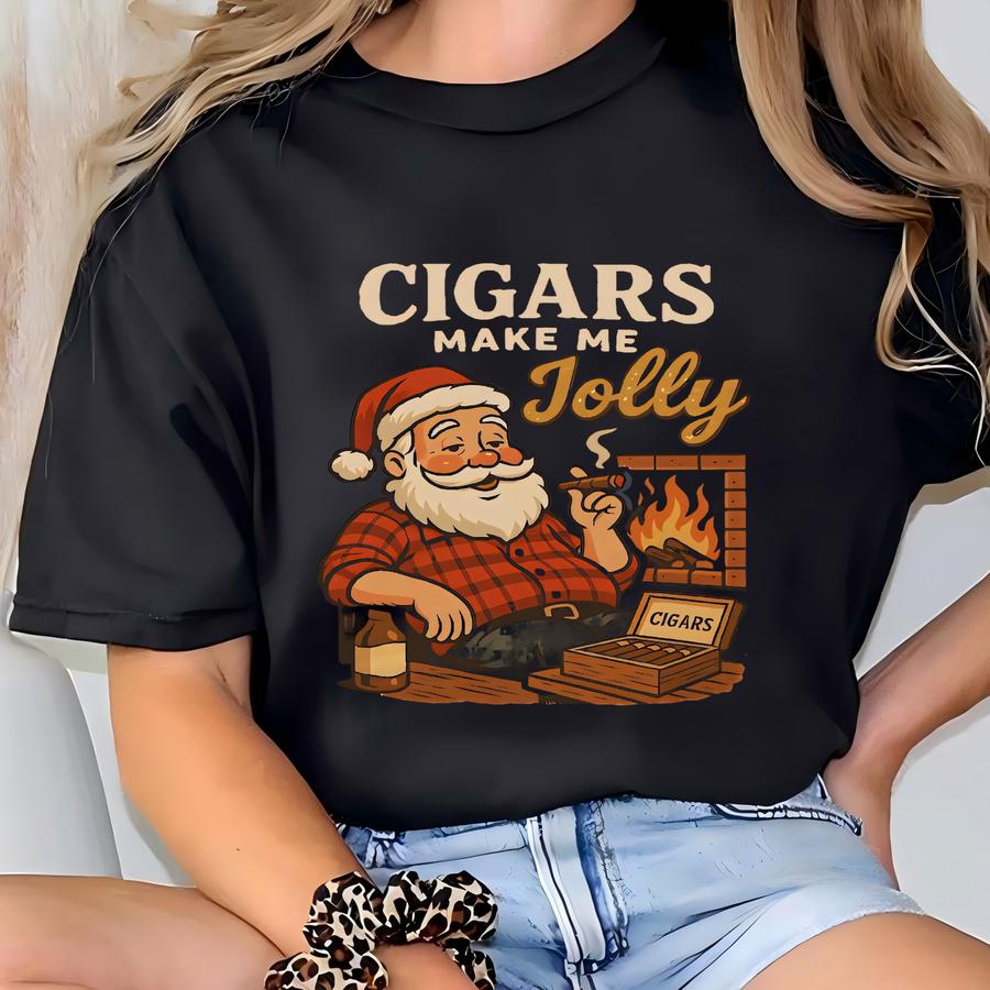Funny Cigar Christmas Shirt For Men Santa Cigars Make Me Jolly Tee White Elephant Gift Gag Gift For Him Holiday Shirt T-shirt