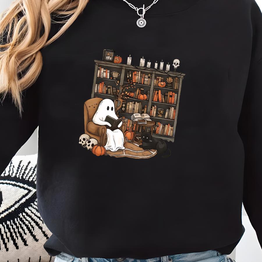Retro Ghost Reading Books Sweatshirt, Halloween Teacher Sweatshirt, Halloween Shirt, Teacher Gift, Boo School, Librarian Ghost Halloween Sweatshirt