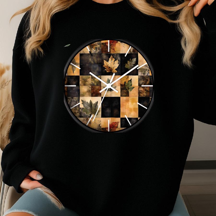 Fall Patchwork Clock Cozy Cottagecore Rustic Charm Forest Leaves Nature Seasonal Decor Gift Idea 10 Inch Battery Operated Wood Wall Clock Sweatshirt