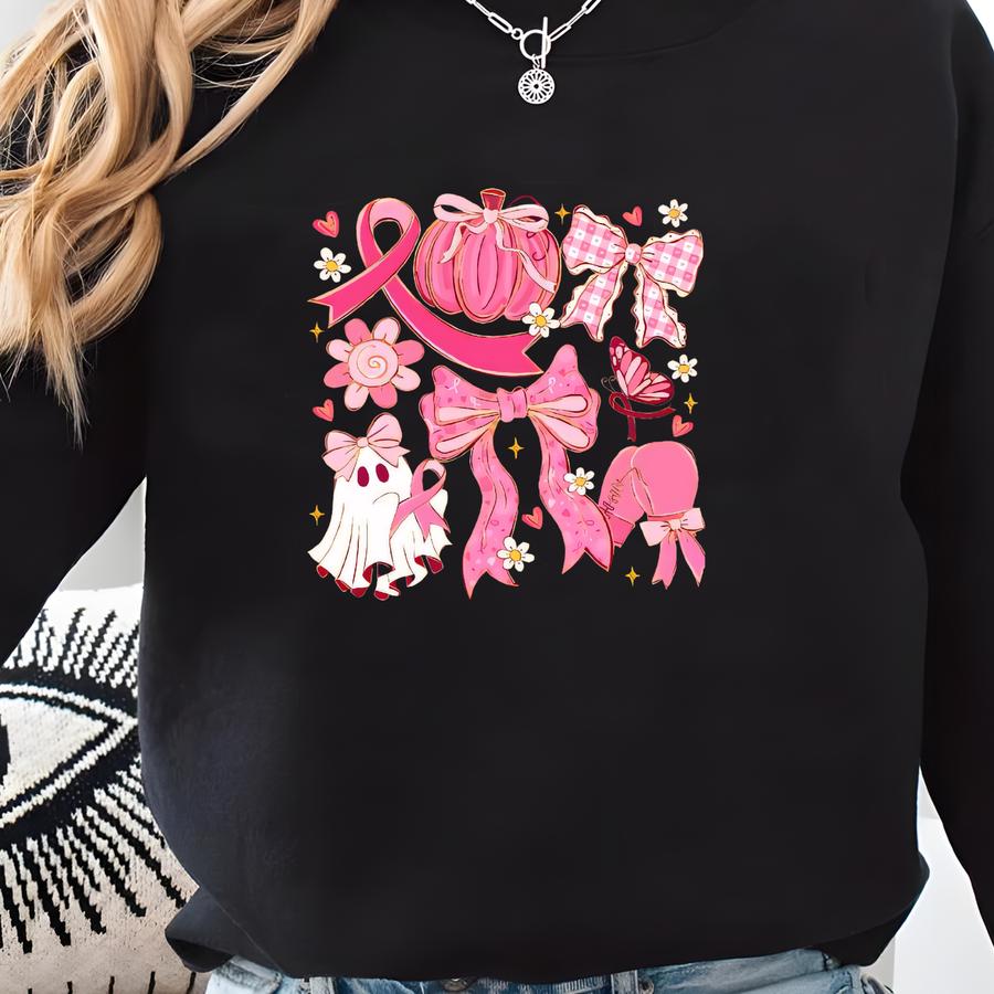 Breast Cancer Awareness Sweatshirt, Coquette Pink Ribbon Sweatshirt,breast Cancer Survivor, Ghost With Pink Bow,breast Cancer Support  Sweatshirt