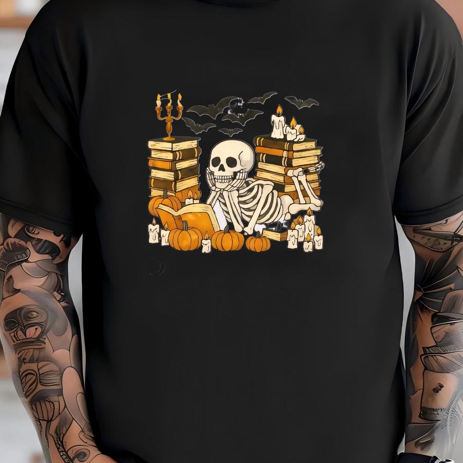 Halloween Reading Shirt For Bookworm Skeleton Tee For Halloween Book Lover Reading Gift For Librarian Gothic Style Autumn Wear Spooky Design T-shirt