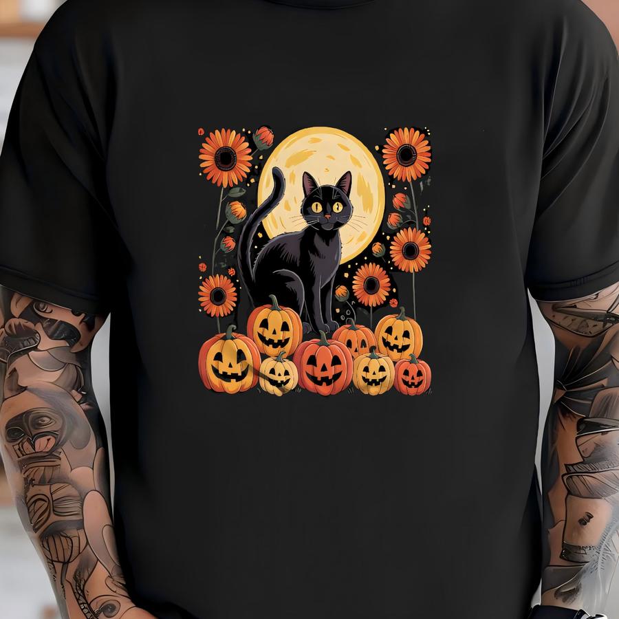 Black Cat Halloween Hoodie Autumn Moon Pumpkin Suower Graphic Tee For Women Spooky October Witchy Fall Gift For Her Mom Shirt T-shirt