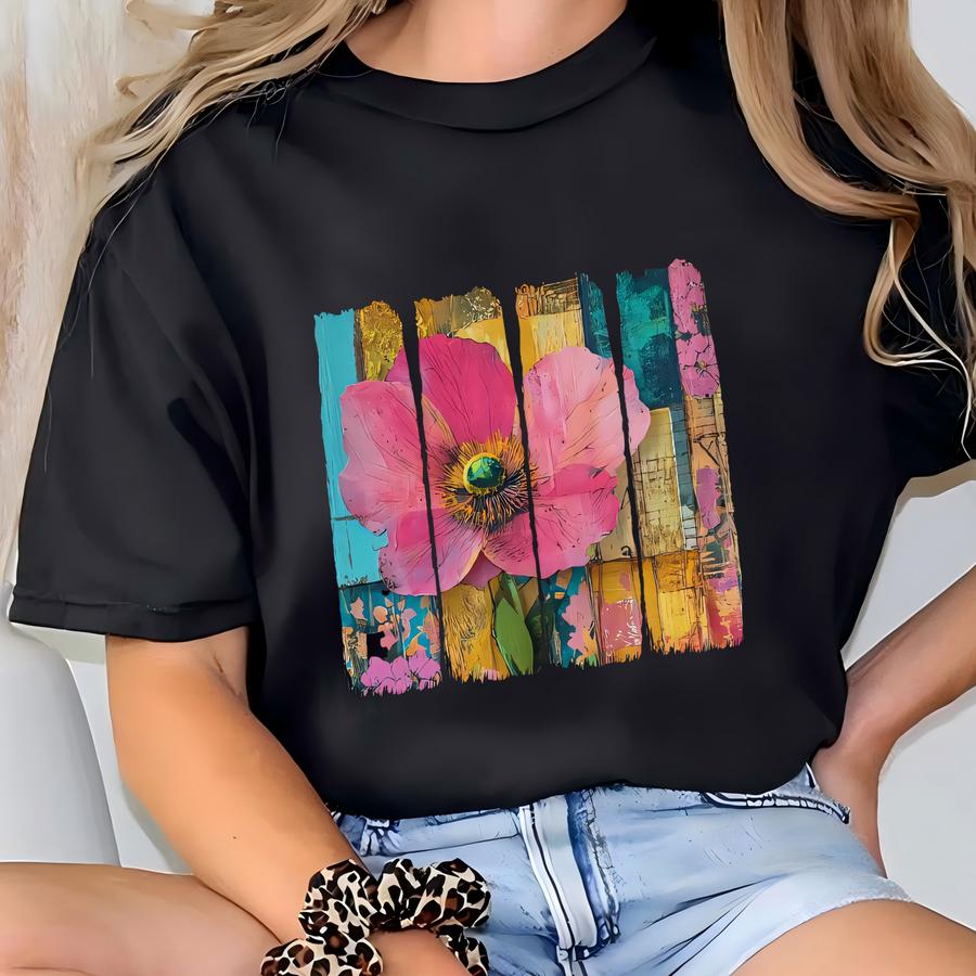 Boho Floral Canvas Tee: Black Hippie Flower Book T-shirt