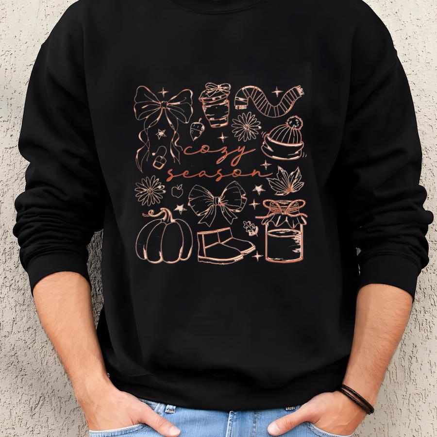 Cozy Season Fall Crewneck Sweatshirt, Autumn Aesthetic Pullover, Pumpkin Coffee Scarf Sweater, Cozy Fall Outfit, Gift For Her Sweatshirt