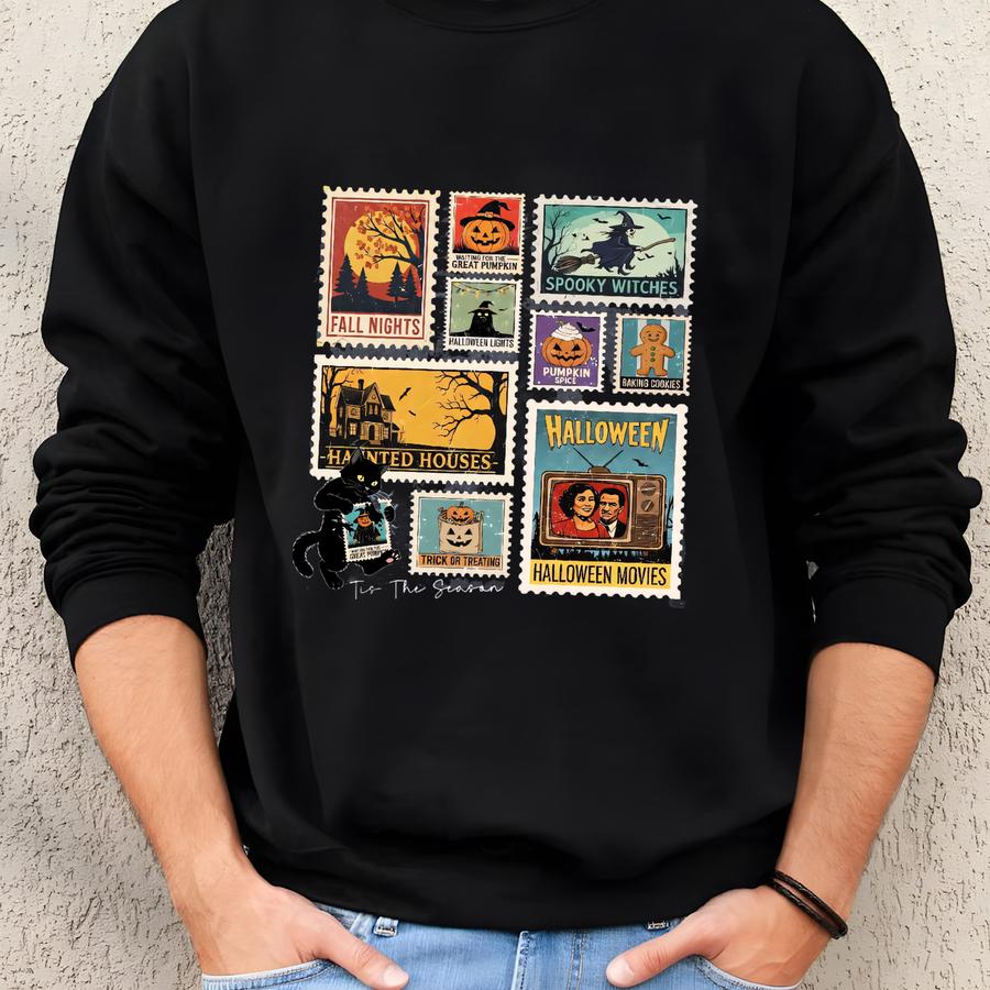 Halloween Cute Ghost Pumpkin Cat Shirt, ® Retro Postage Stamp Sweatshirt, Women's Halloween Shirt, Fall Spooky Cat Shirt Sweatshirt