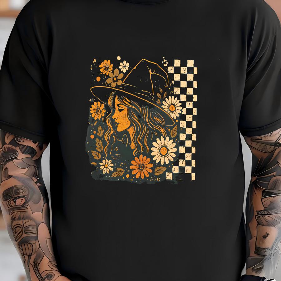 Vintage Checkered Witch Hoodie, Pumpkin Fall, Spooky Season, Spooky Vibes, Fall Vibes, M, Witch Shirt, Spooky Season Tee T-shirt