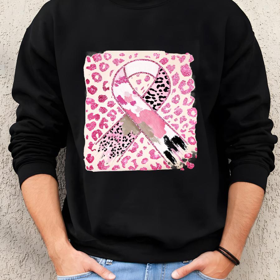 Breast Cancer Awareness Sweatshirt: Pink Ribbon Rainbow Crewneck Sweatshirt