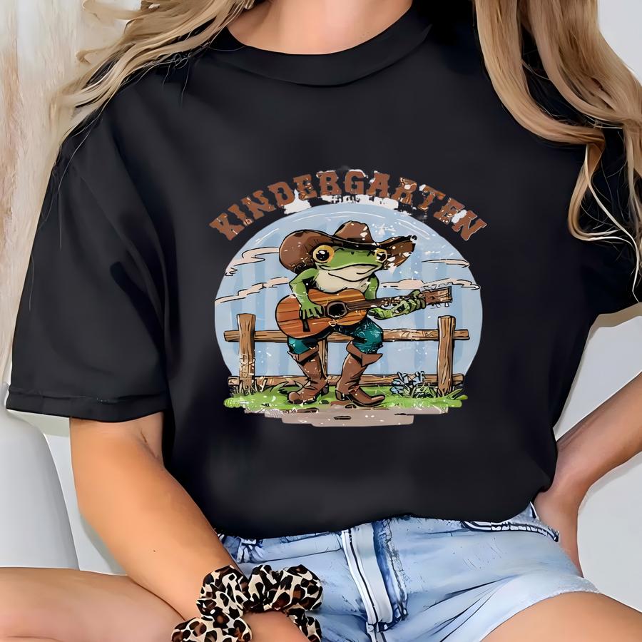 Kindergarten Is Rootin' Tootin' Shirt: Country Westernguitar Playing Frog Graphic Tee - Wl23876 T-shirt