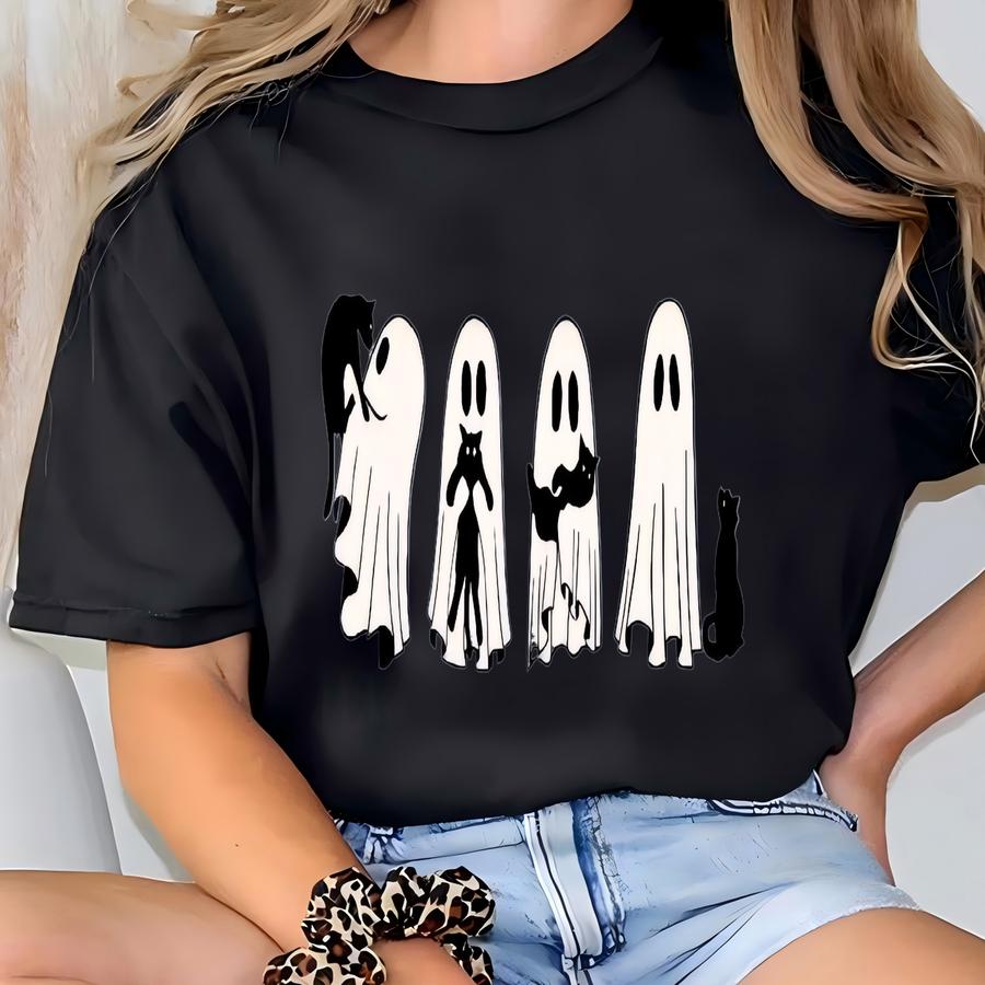 Spooky Ghost Cat Halloween Hoodie - Black Cat Outfit T-shirt