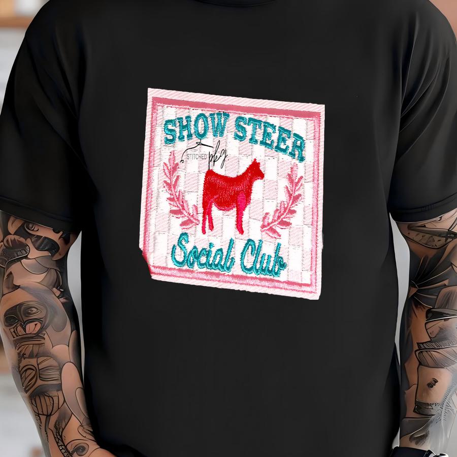 Show Steer Social Club Patch - Iron On - Medium - Pink Gingham Checker - Accessory - Trucker Hat - Y - Turquoise T-shirt