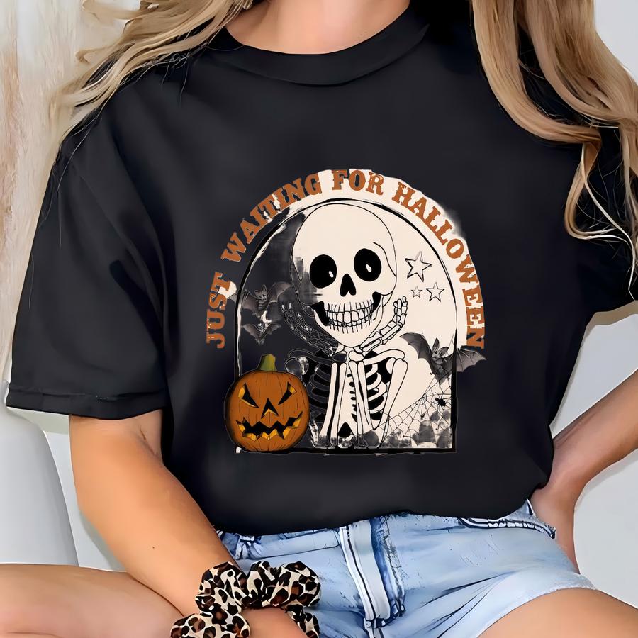 Just Waiting For Halloween Shirt Fall Sweatshirt Cute Skeleton Design Tshirt Autumn Tee Pumpkin Patch Outfit October Vibes Retro Vintage Tee T-shirt